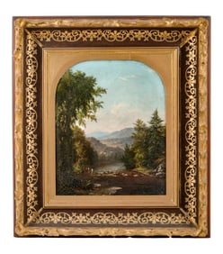 Hudson River School, 19th C., Oil on Canvas Painting View of the Hudson with Cattle