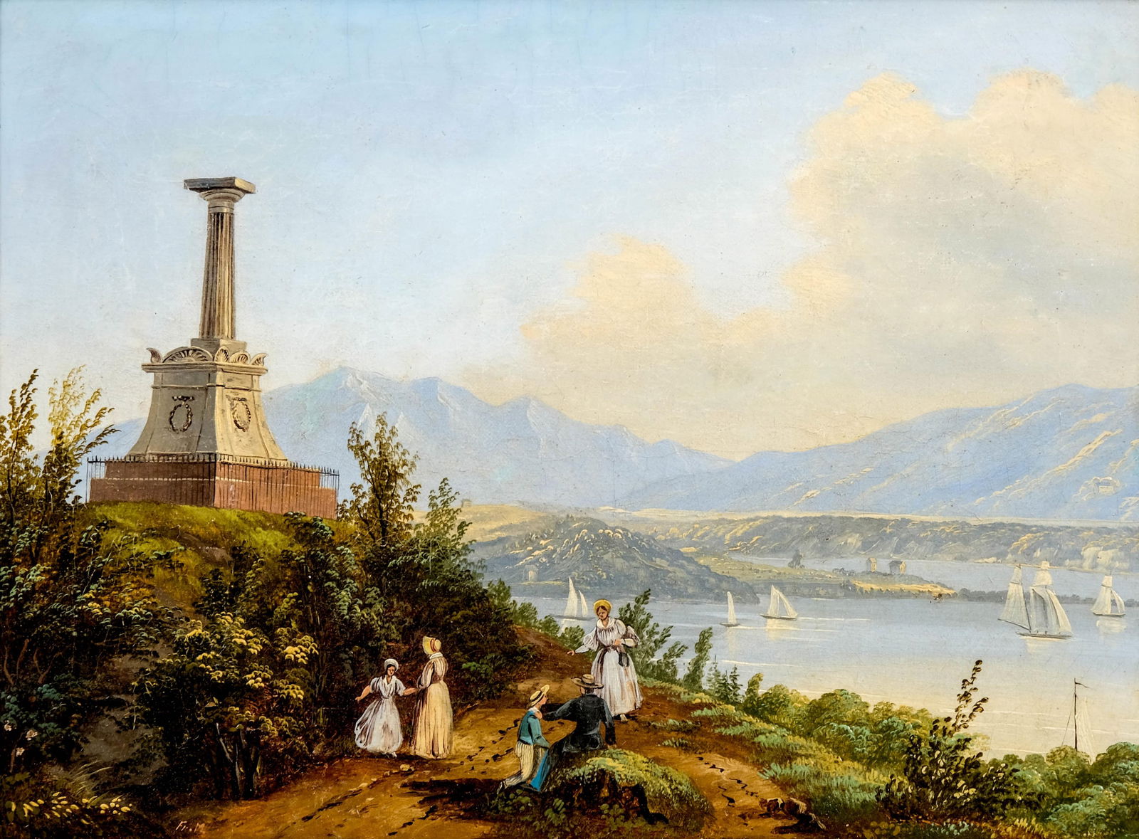 Fr. M, Signed, Hudson River School, West Point, River view from Monument, Oil Painting (1 of 11)