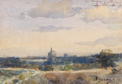 A. Giraud, Signed Watercolor Landscape Painting with Distant Church, 1910
