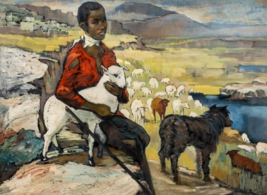Oil Painting of Shepherd with Flock and Dog, Circa 1935