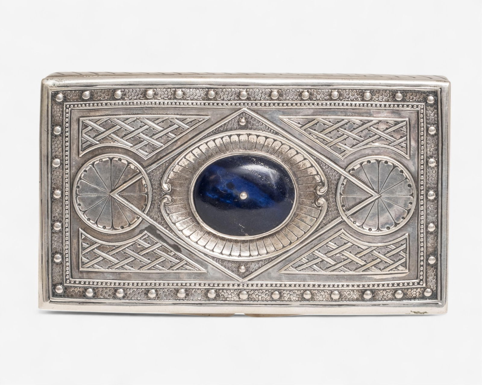Estate Continental .800 Silver Trinket Box with Dumortierite Stone: Keywords: trinket box, cedar lined silver box, dumortierite stone, blue gemstone box, European silver, estate silver box, antique jewelry box, snuff 20th century silver, silver vanity box, collectible