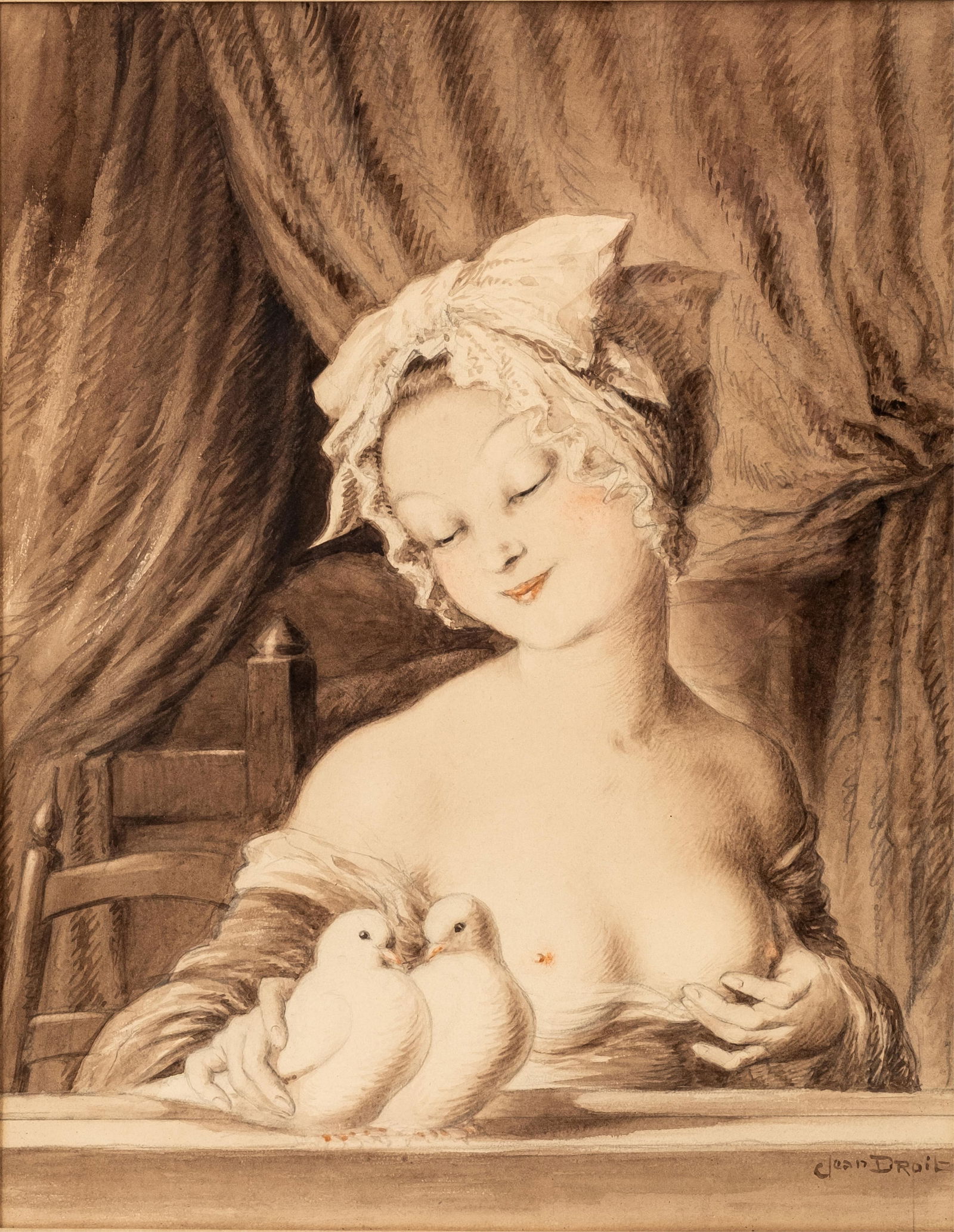 Jean Droit French 20th C. Signed Watercolor Painting, Les Colombes: Keywords: lovebirds, doves motif, romantic boudoir art, rococo revival style, curtained interior, French illustration, wall art, gilt frameNO RESERVE Jean Droit watercolor with gouache and graphite on