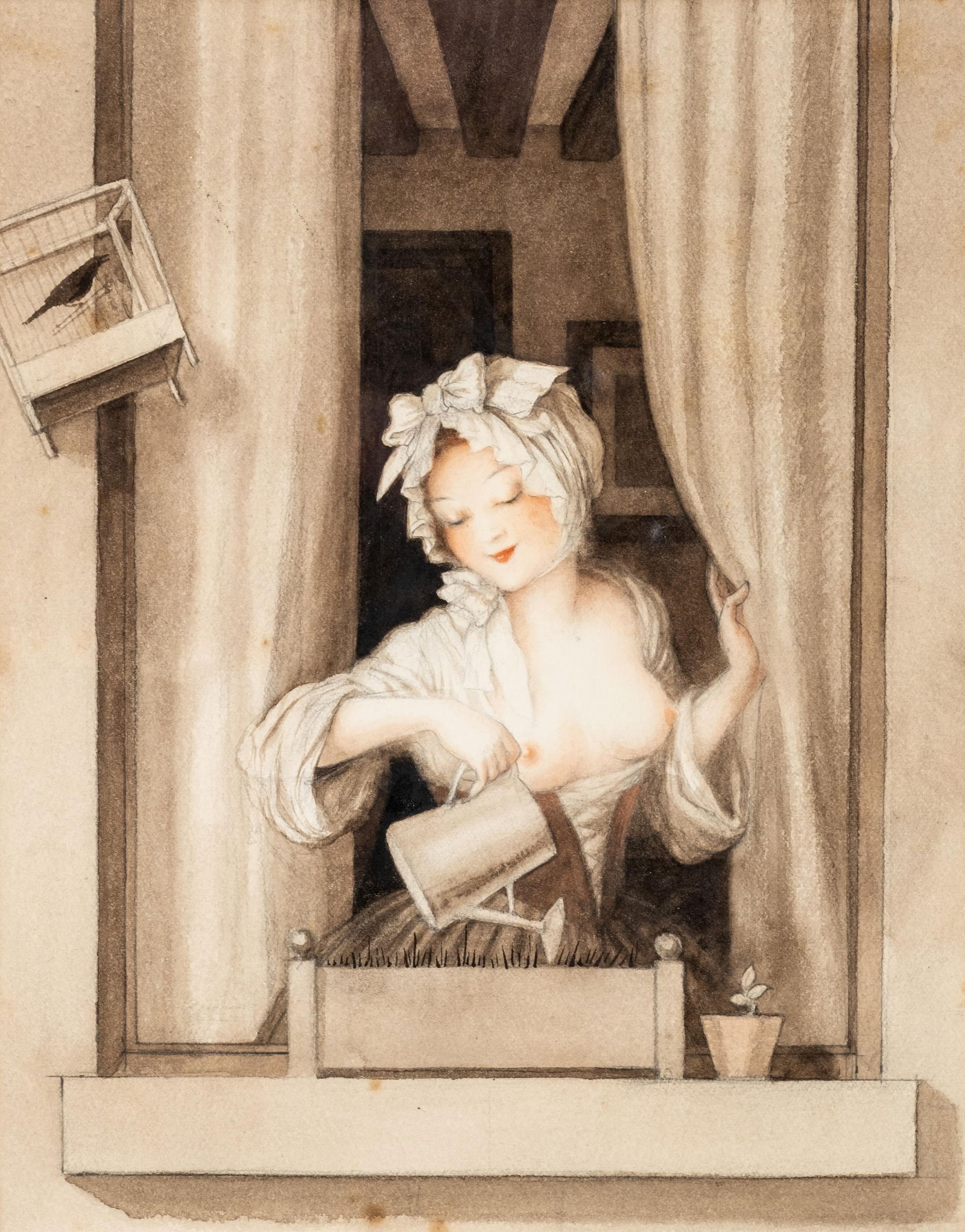 Jean Droit French 20th C. Signed Watercolor Painting: Keywords: mixed media, genre window scene, watering can, birdcage, Paris interior, coquettish figure, boudoir art, French illustration, decorative wall artNO RESERVE Jean Droit signed French school pa