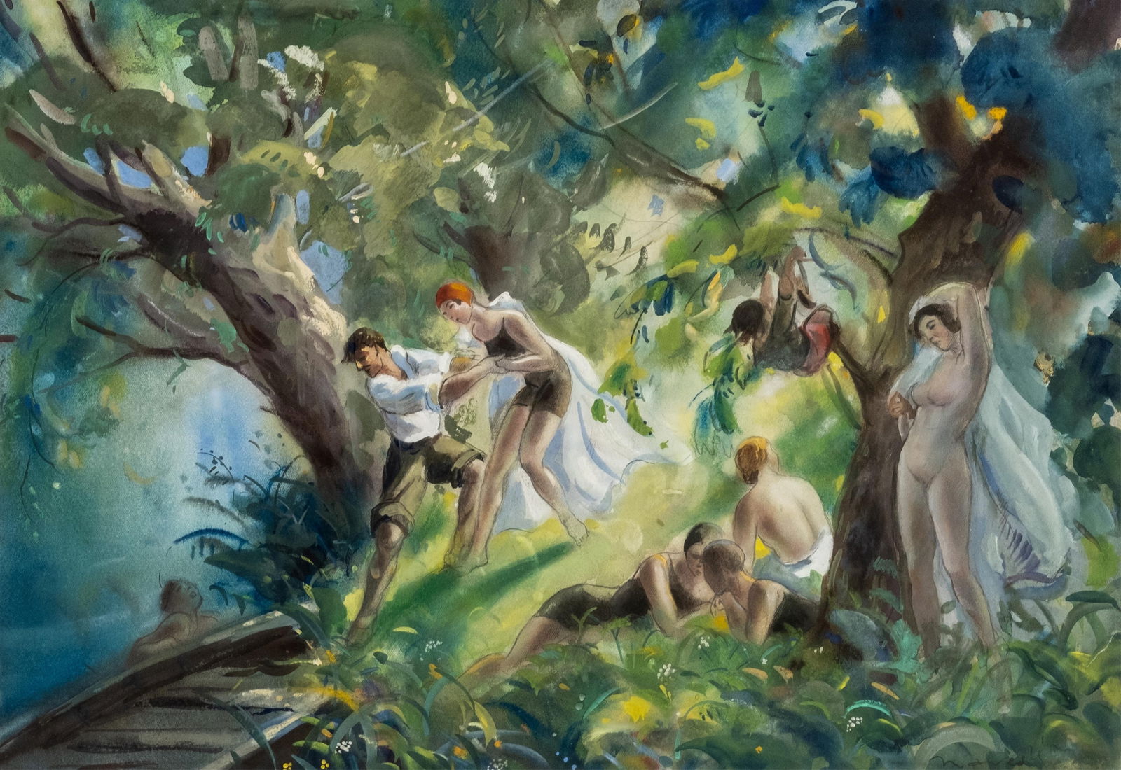 Wonderful Signed French 20th Century Watercolor and Gouache Figure Painting: Keywords: French watercolor, gouache painting, 20th century art, figurative scene, bathers, pastoral composition, impressionist influence, signed painting, European works on paperNO RESERVE French wat