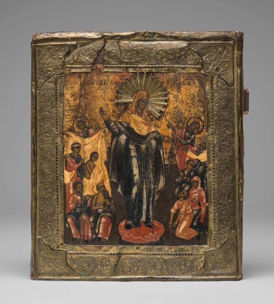 Russian Icon, Mother of God, Oil on Wood Painting in a Gilt Copper with Embossed Scrollwork, 19th: Keywords: Byzantine Revival, Russian Orthodox Art, Medieval Iconography, Eastern Christian Tradition, Ecclesiastical Decorative Arts, Sacred Devotional Painting, Andrei Rublev style, Simon Ushakov sty