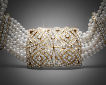 18K Gold Estate Necklace with Fine Matched Pearls and 7.4+/- Carats of Diamonds