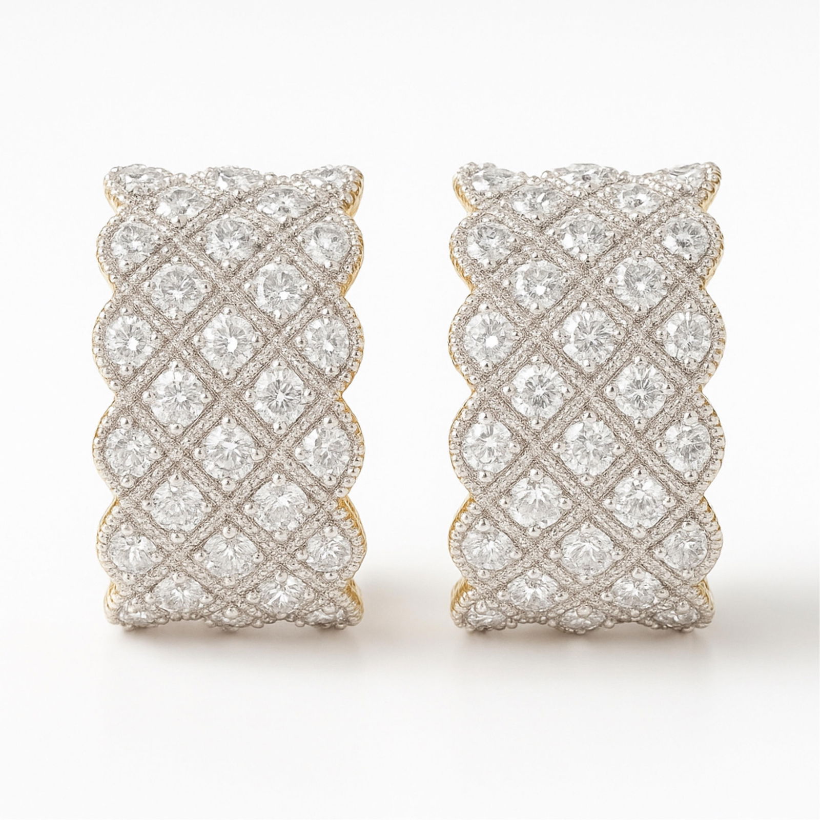 18K Two-Tone Gold and Diamond Ear Clips with Pearls: Keywords: Art Deco, Edwardian, Belle Epoque, Mid-Century, Vintage Jewelry, 20th Century, Cartier Style, Van Cleef & Arpels Style, Boucheron Style, White Gold, Pave Setting, Clip-On Earrings, Geometric