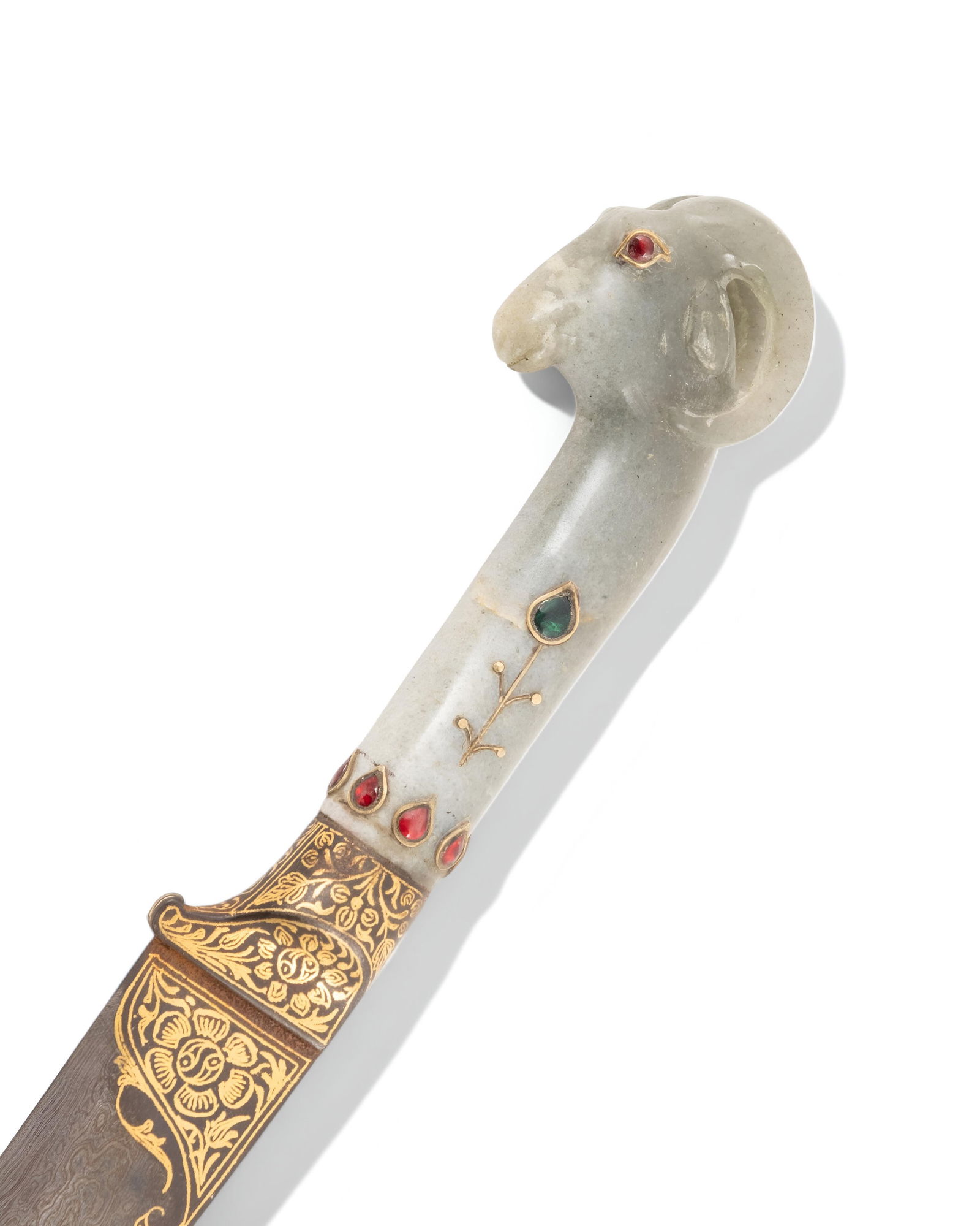 Mughal Jade Dagger with Cabochons and Damascene Blade with Fancy Gold Work: Keywords: Mughal, Indo-Persian, 18th Century Weaponry, Islamic Art, Royal Arms, Maharaja Collection, Ottoman Style, Rajput Style, Persian Court Style, Jade, Gold Inlay, Steel Blade, Hand-Carved Handle