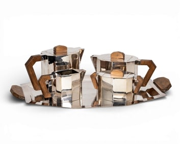 Art Deco Italian Silver-Plated and Wood Coffee & Tea Service, Circa 1930