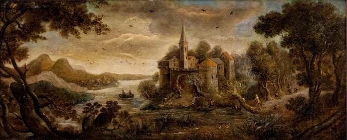 Adriaen van Stalbemt, Landscape with Castle and Moat, Oil on Canvas Painting