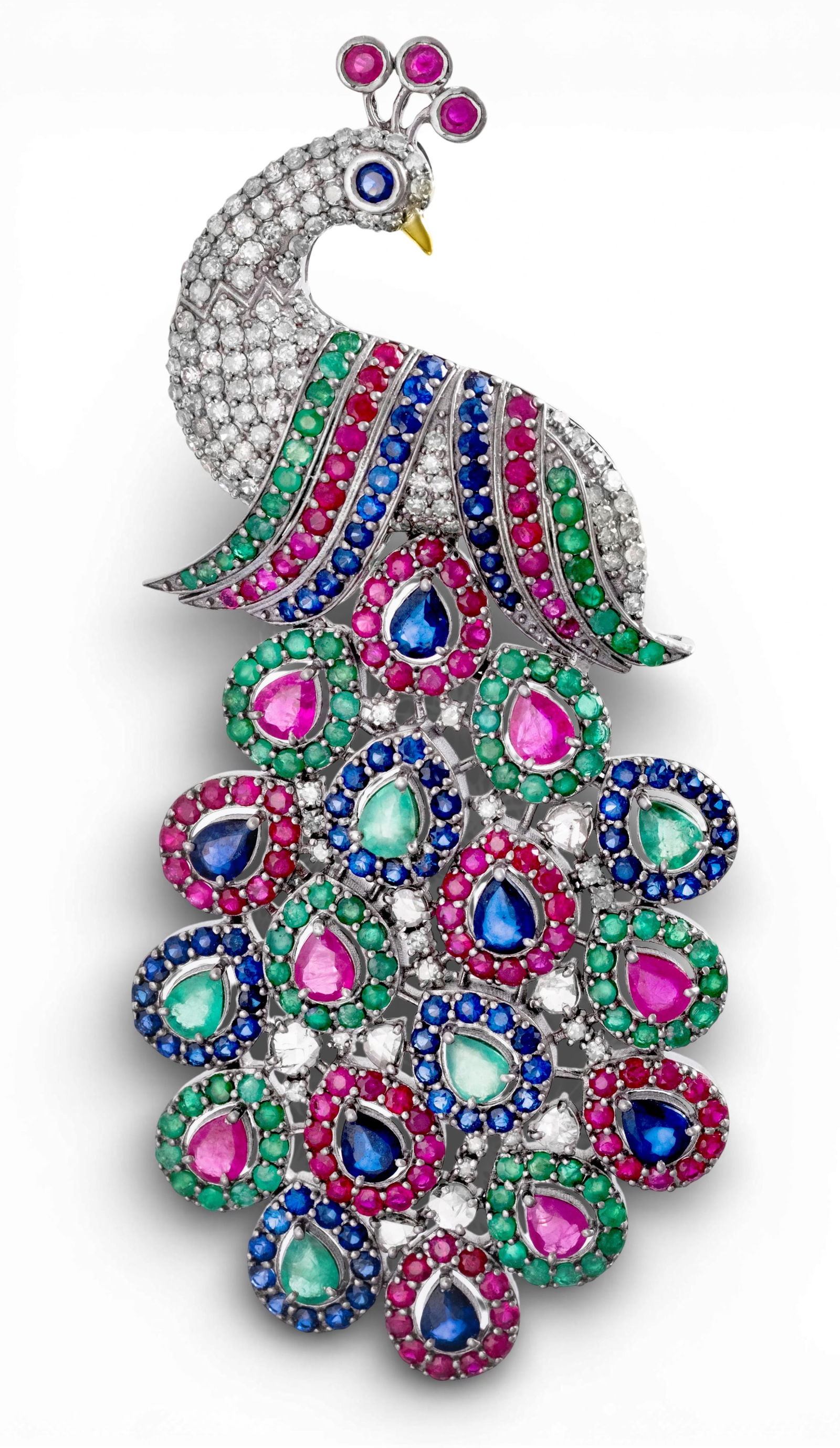 14K Gold and Silver Peacock Brooch w/ approx 2.50 ct. of Diamonds and Approx 30 ct. Total of: Keywords: fashion, accessories, peacock motif, jeweled brooch, gemstone brooch, multicolor jewelry, pavé set stones, statement brooch, animal motif jewelry, silver gold jewelryExtravagant multi-color