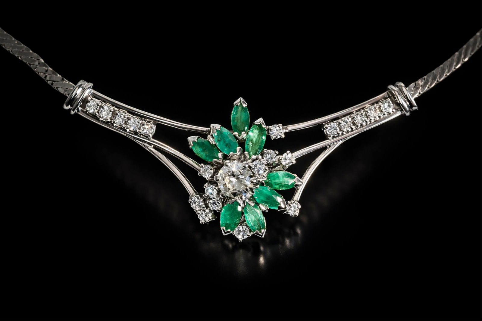 18K White Gold Emerald and Diamond Necklace with Old-Cut Diamond (1 of 7)