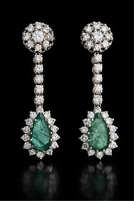 Pair of 14K White Gold Emerald and Diamond Drop Earrings, Approx. 2.50 Carats