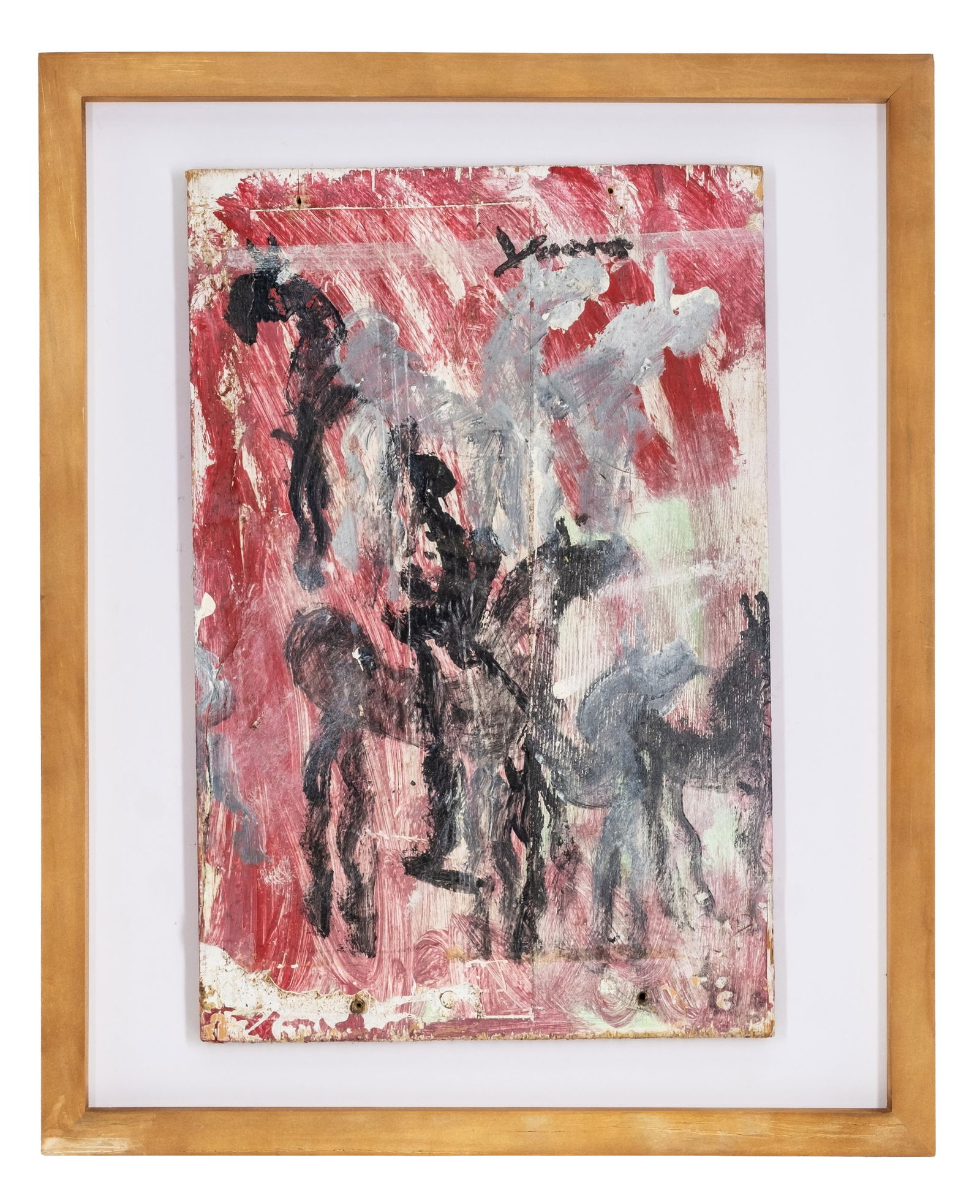 NR Purvis Young American Expressionist Painting on Wood Panel: Keywords: Folk Art, African American art, American expressionism, outsider art, figurative abstraction, raw expression, social realism, urban narrative, Miami artist, painted wood panel, mixed media s