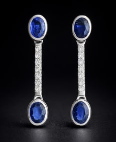 Pair of 18K White Gold Drop Earrings with Sapphires and Diamonds