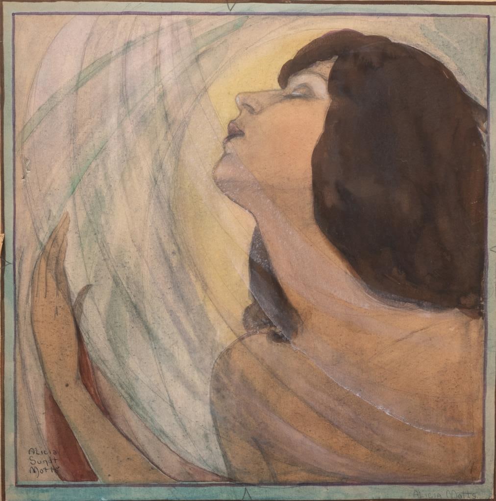 Signed Alicia Sundt Motts Art Nouveau Painting on Paper: Keywords: Symbolist Figure Study, Female Profile, Allegorical Subject, Turn of the Century Style, Pastel Palette, Flowing Linework, Decorative Arts, Early Modern Aesthetic, European Influence, Tonalis