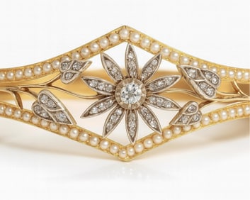 16K Gold Victorian Diamond and Pearl Hinged Bracelet with Gemologist Report