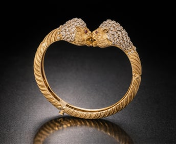 Ilias Lalaounis Signed 18K Two Tone Gold Diamond Ruby Bangle Bracelet