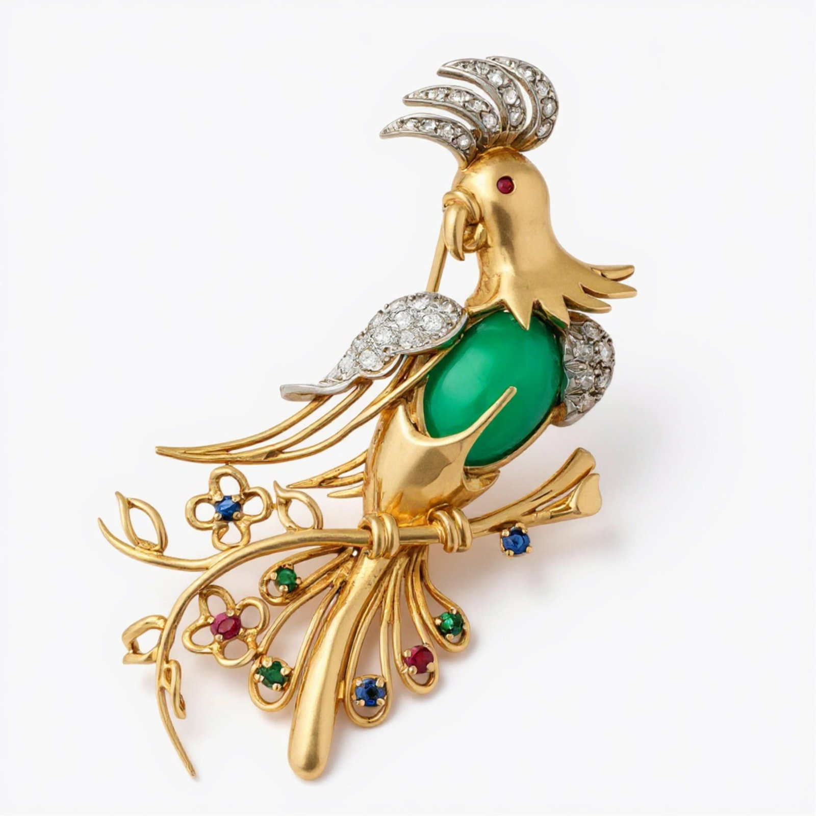 French Art Deco Emerald and Diamond Parrot Brooch with Emeralds, Diamonds, Sapphires and Rubies: Keywords: French brooch, 18k yellow gold, platinum, emerald cabochon, ruby, sapphire, emerald, diamond, gemstone bird brooch, 1930s design, vintage fashion, accessories, luxury collectible, cartier, V