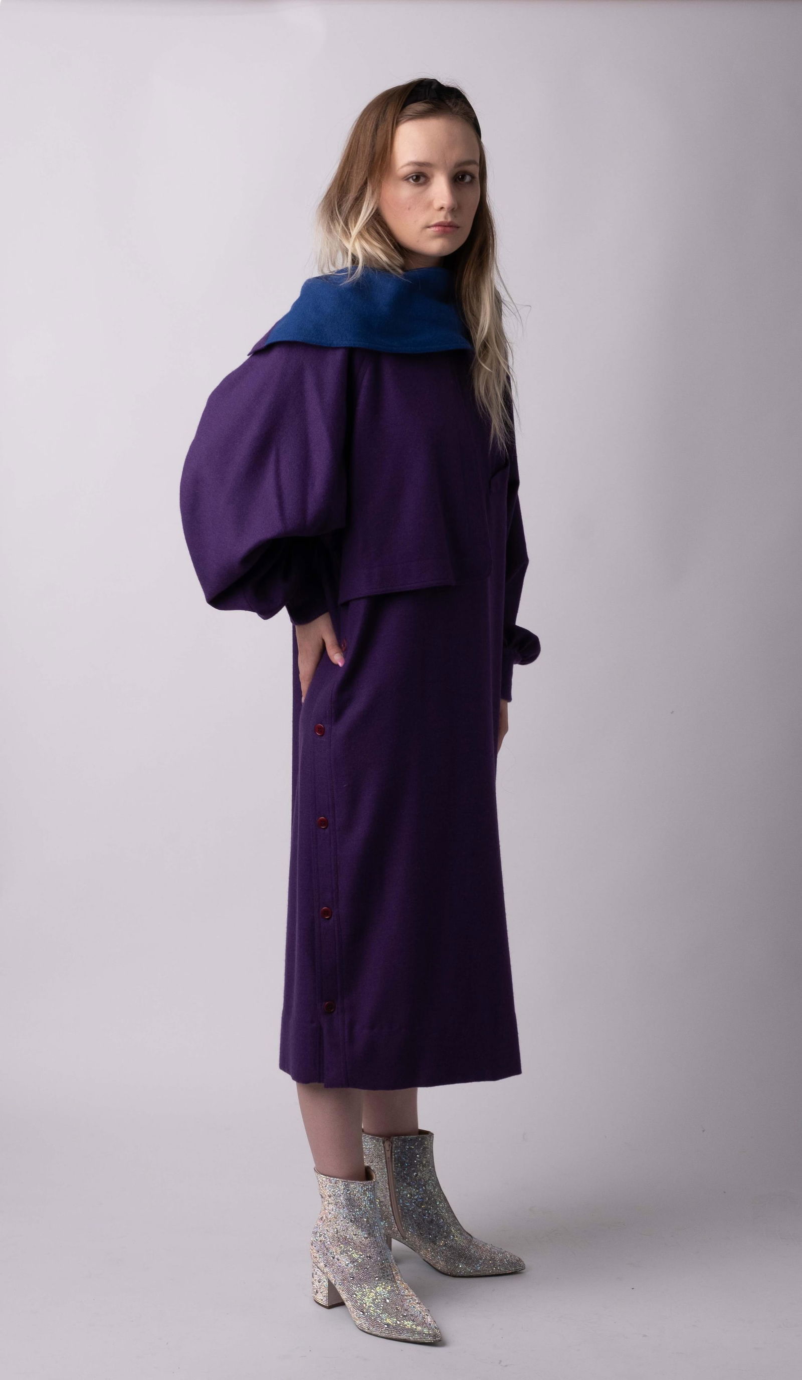 Gucci, Fine Wool Reversible Purple and Cobalt Blue Dress with Side Buttons and Convertible Drape (1 of 7)