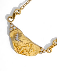 18K Gold Diamond and Platinum Art Nouveau Antique Pendant Necklace Mythological Romantic Scene