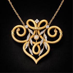 Diamond, Pearl, and 18K French Gold Pendant Necklace, Circa 1910
