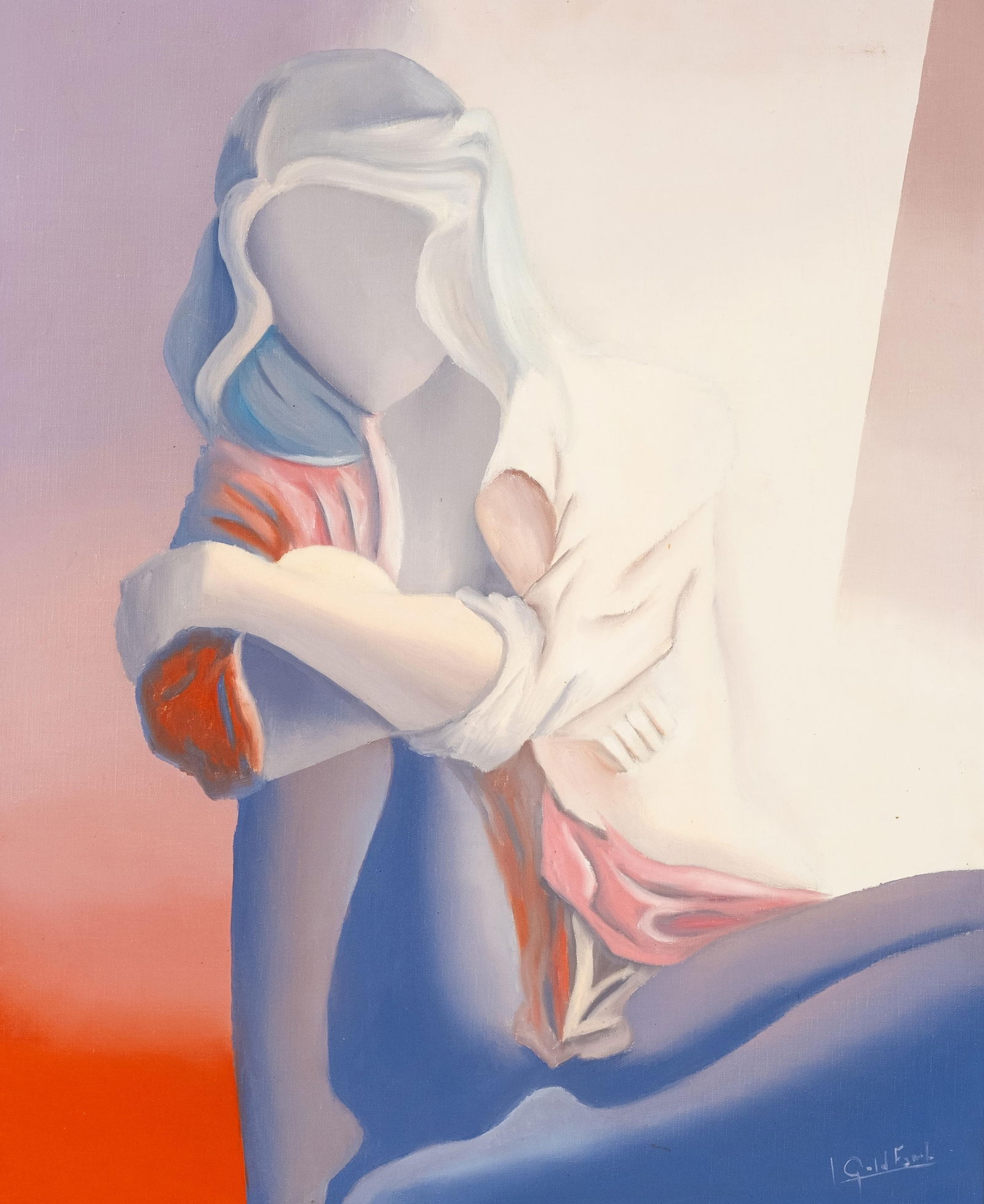 Louis Goldfarb, "Red Blouse", Signed Figurative Painting, Dated 1980: Keywords: Surrealism, Symbolist, Contemporary Art, Fine Art painting, Belgium Artist, Flemish ModernNO RESERVE Louis Goldfarb signed modern figurative painting depicting a seated female figure rendere