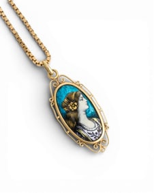 French Art Nouveau 18K Gold Limoges Enamel Portrait Pendant Necklace