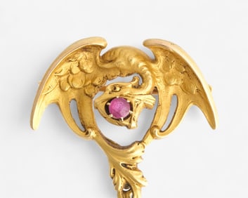 Veuve Brunet 18k Gold Pendant Brooch with Ruby and Mississippi Pearl Drop, circa 1904