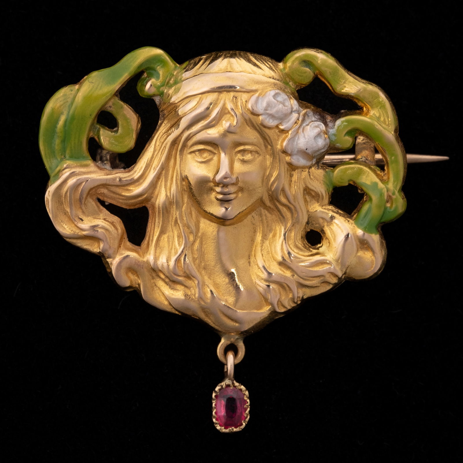 Art Nouveau Brooch,18K Gold, Ruby, And Enamel French work Circa 1900: Keywords: Art Nouveau, Belle Epoque, Symbolist Jewelry, Organic Design, Early 20th Century, French Decorative Arts, Rene Lalique style, Georges Fouquet style, Louis Aucoc style, 18K Gold, Enamel, Ruby