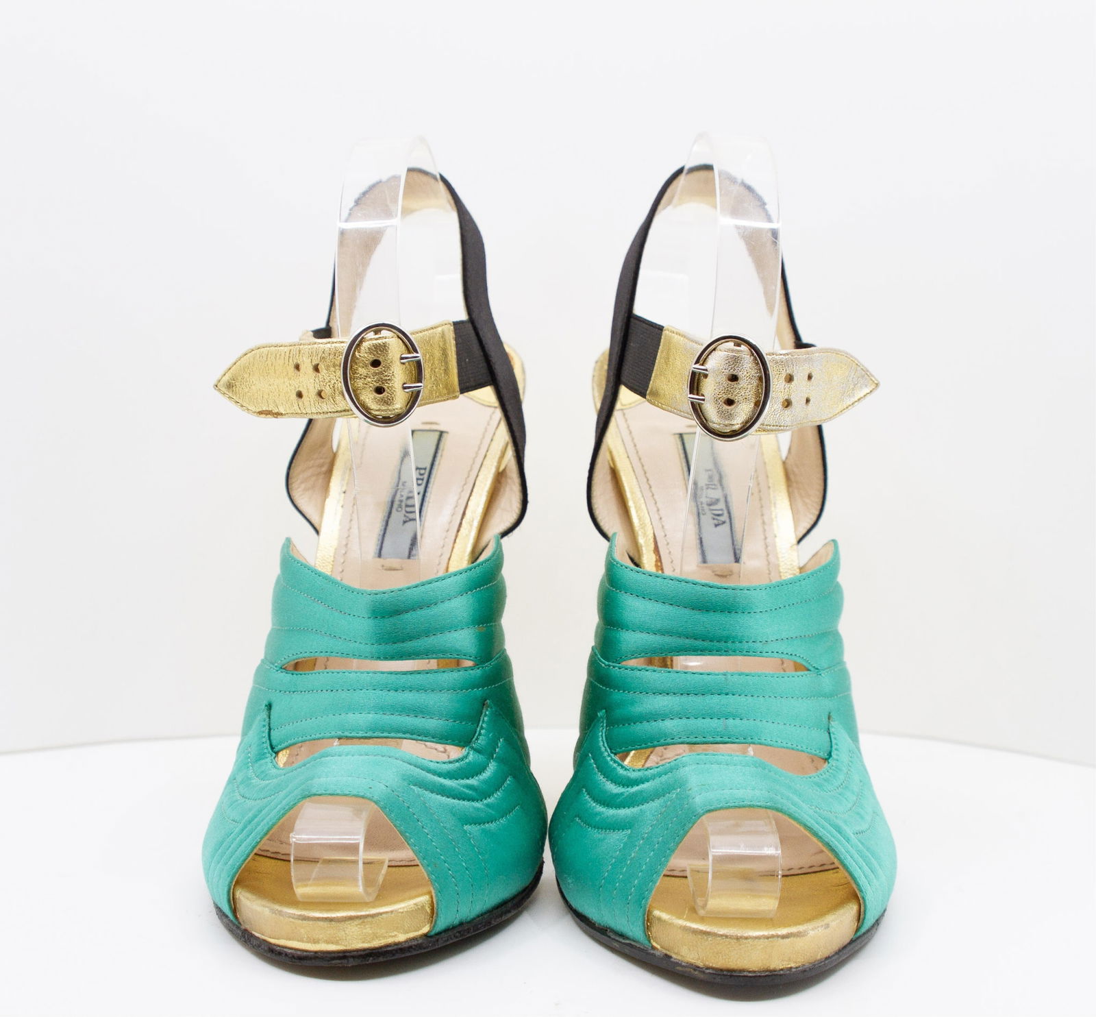 Prada, Green Satin and Gold Metallic Slingback Block Heels, EU 40 / US 9 / Heel 4": Keywords: Designer Brand Auctions, Luxury Clothing Sale, High-End Fashion Auctions, Exclusive Designer Apparel, Vintage Designer Clothing, Rare Fashion Auction, Pre-Owned Luxury Fashion, Designer, Han