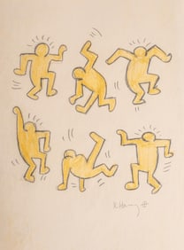 Keith Haring, Dancing Figures, Signed Color Drawing