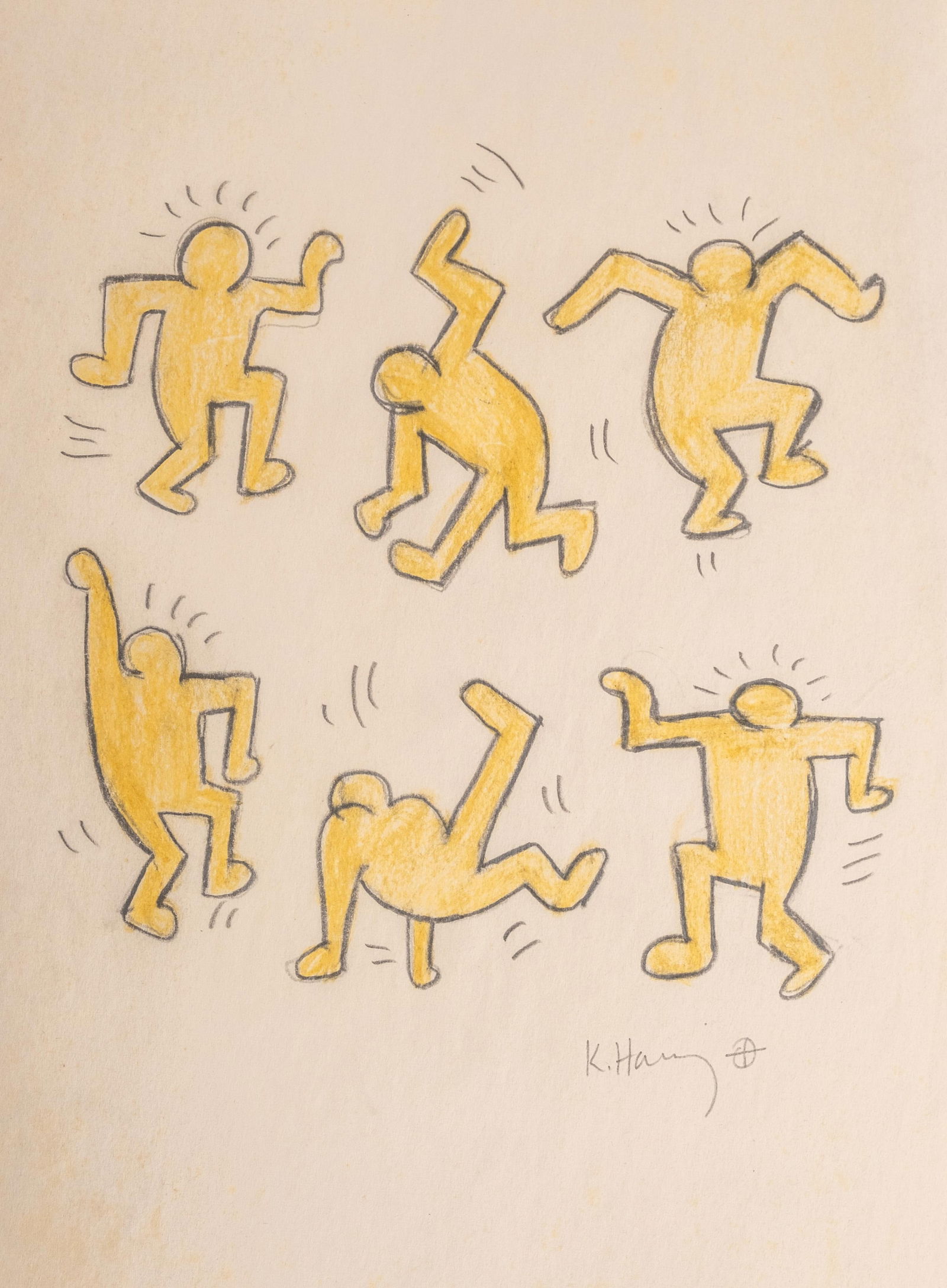 Keith Haring, Dancing Figures, Signed Color Drawing: Keywords: street art, pop art, dancing figures, 1980s art, pencil drawing, colored ink, Haring Collection, signed print, urban art, neo-expressionism, Graffiti art, Postmodern art, Jean-Michel Basquia