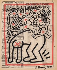 Keith Haring signed Pop Art Marker Drawing on Newspaper, 1982 with COA Marking.