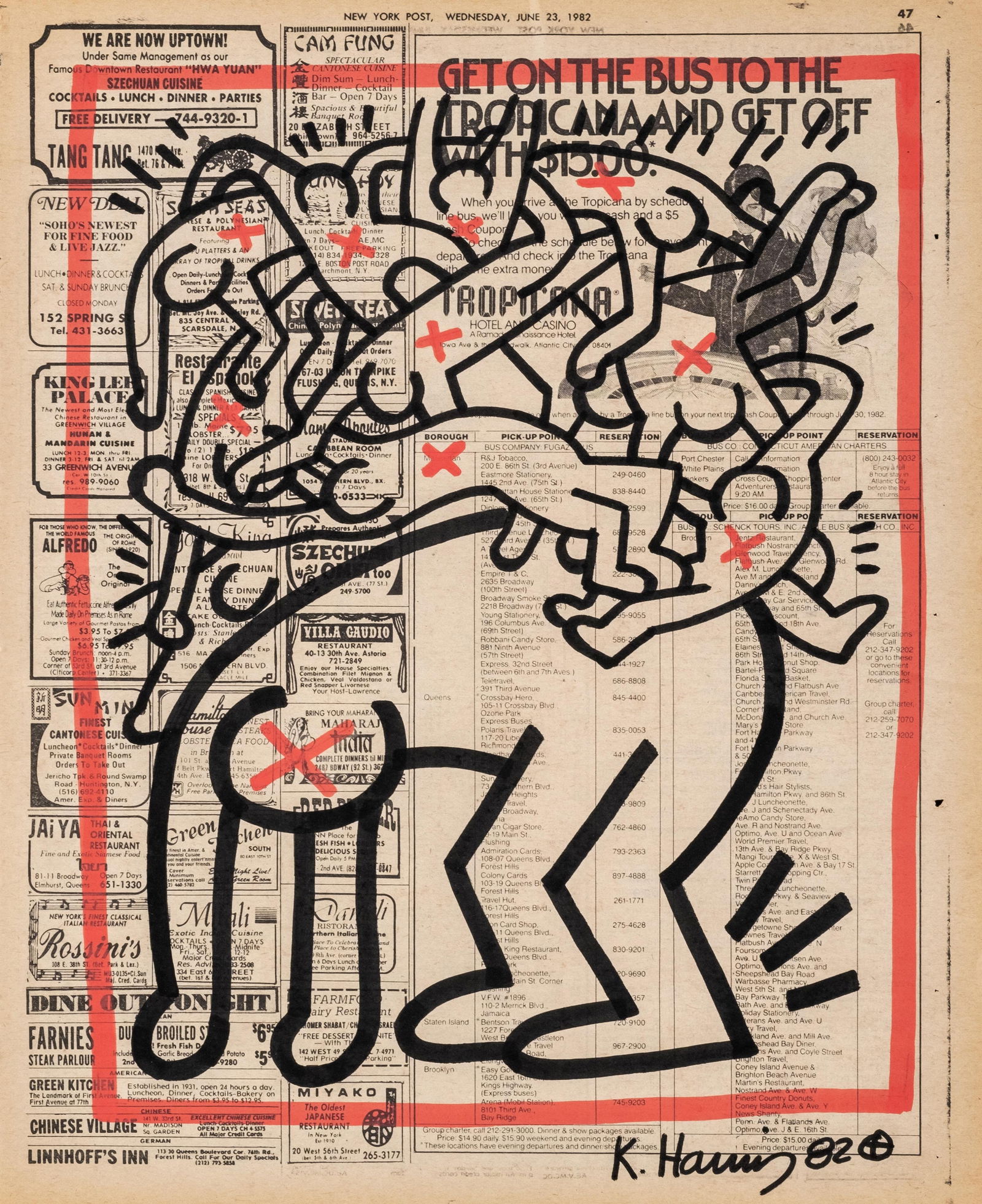 Keith Haring signed Pop Art Marker Drawing on Newspaper, 1982 with COA Marking.: Keywords: street art, graffiti style, bold black line, outlined figures, stacked bodies, New York 1980s, downtown scene, protest imagery, graphic illustration, mixed media on paper Keith Haring