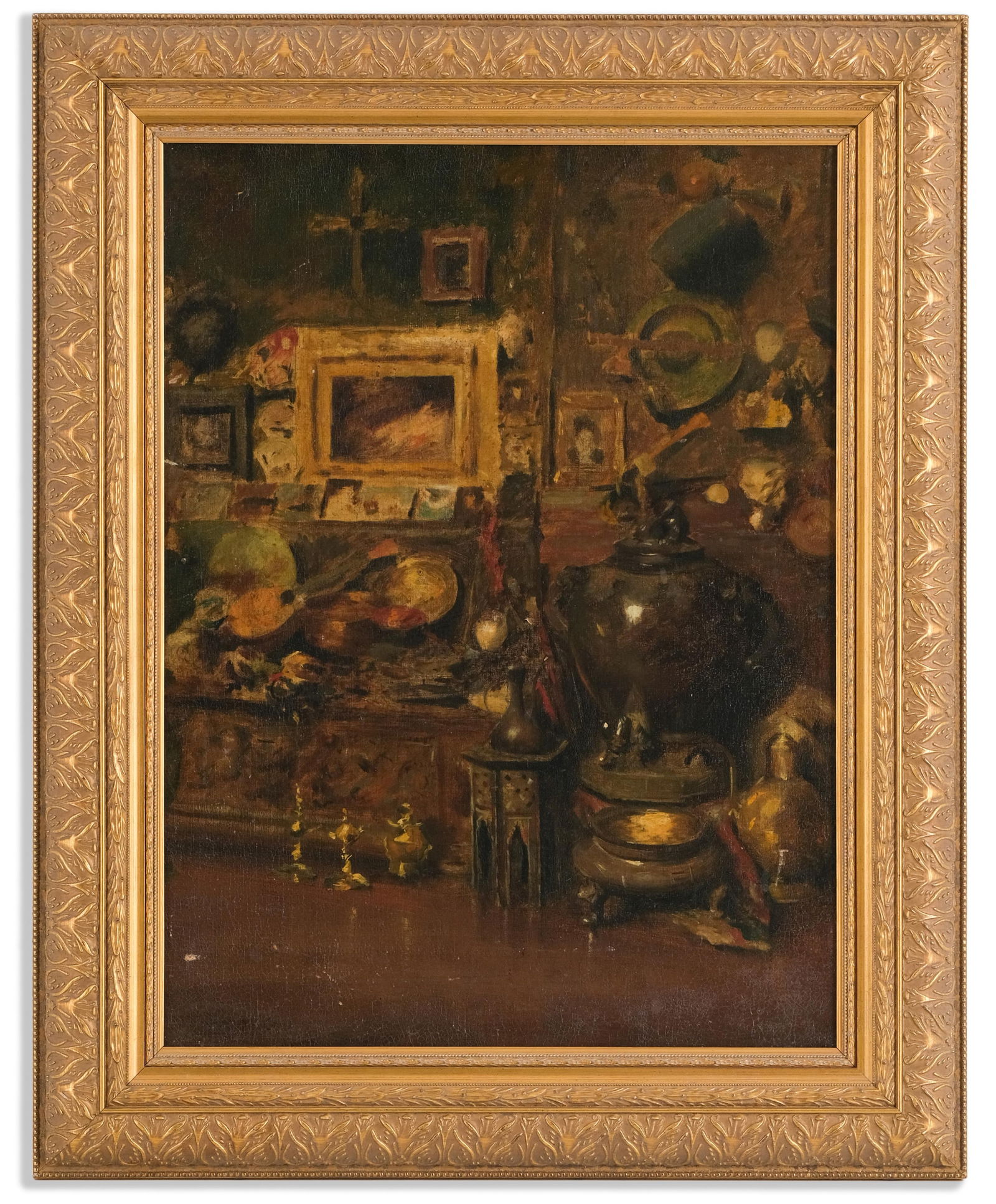 William Merritt Chase, Signed Interior Of The Artist's Studio Oil on Canvas Painting, Early 20th: Keywords: studio interior, oil on canvas, trompe l’oeil style, still life, artist’s objects, dark academic palette, academic American painting, guitar, gilt frame, antique urn, candlesticks,