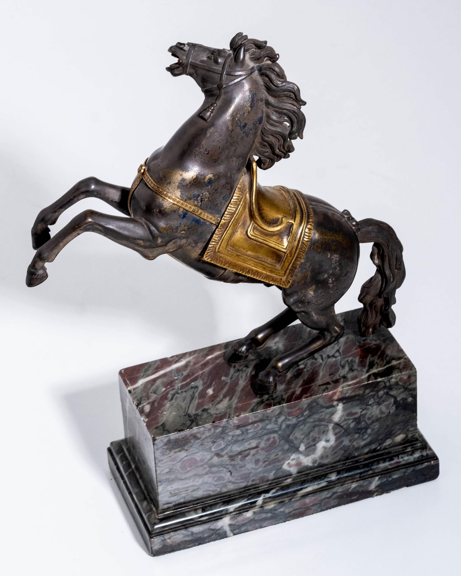 Rearing Stallion Silver-Plated Bronze Sculpture, 19th Century: Keywords: Horse sculpture, silver-plated bronze, marble base, equestrian art, early 19th century, gilded details, decorative sculpture Rearing stallion silver-plated bronze sculpture with gilded