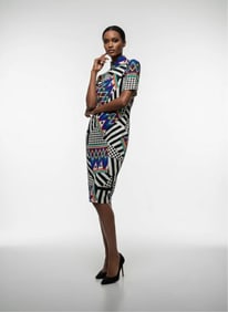 Vintage Silk Patterned Dress, Shoulder to Shoulder 15", Bust 36", Length 39", Hem Opening 28"