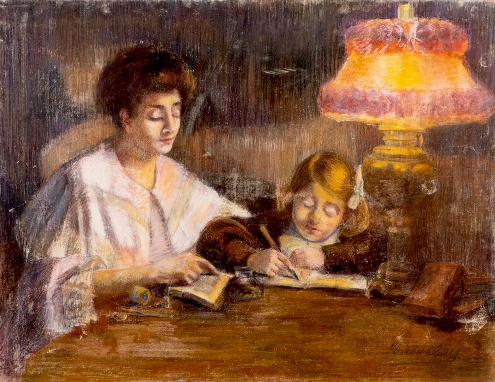 Elisabeth Gay Early 20th Century Pastel on Canvas Painting "The Lesson", Signed: Keywords: Belle Époque, Romantic Realism, French Domestic Genre, pastel painting, mother and child, school lessons, homework, impressionist, domestic scene, home interior, romantic painting, social