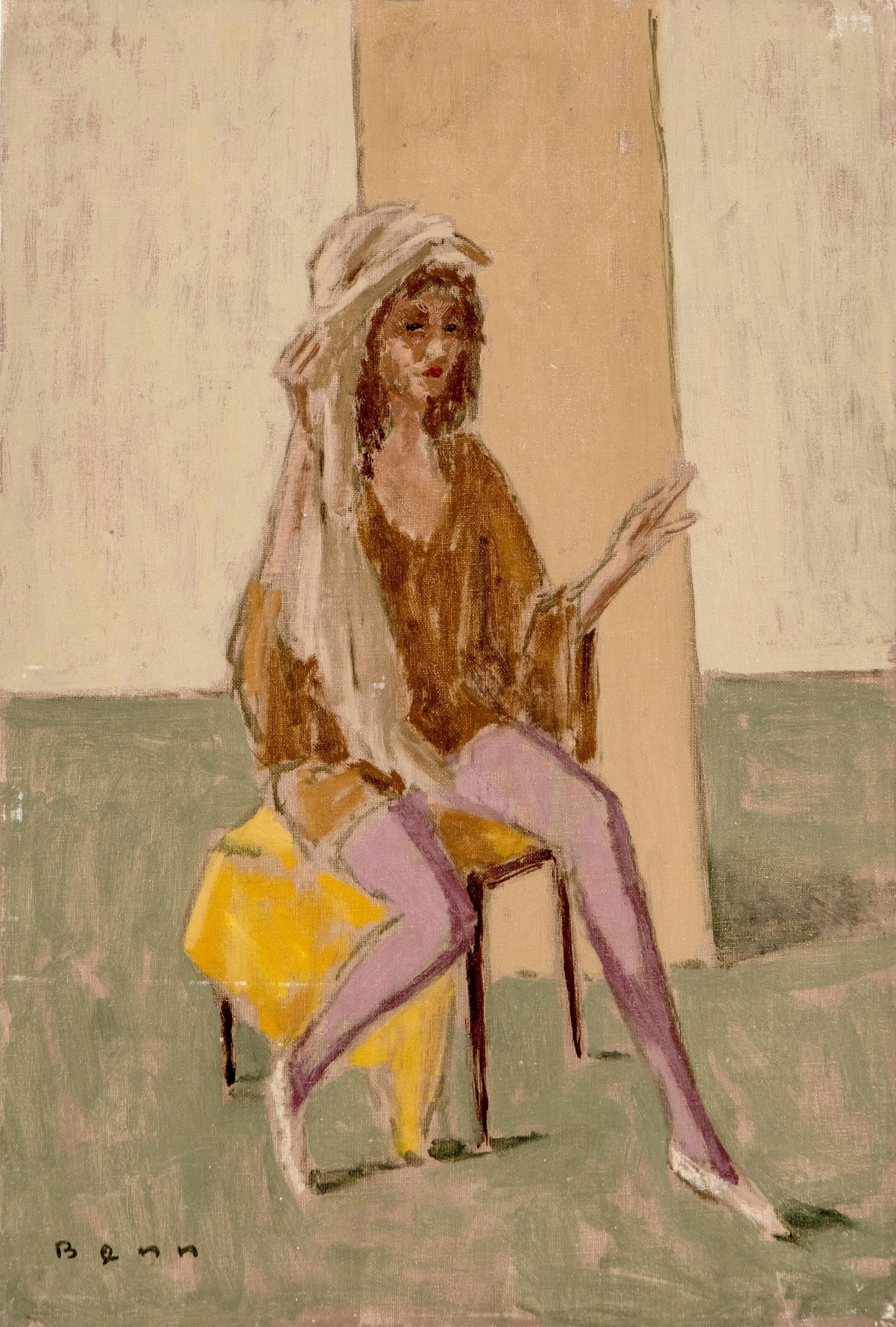 "Benn" (Bencjon Rabinowicz)Modernist Oil Painting of Seated Woman, 1982 signed: Keywords: Modernism, Post-War European Art, Expressionist Portraiture, 1980s Art, Oil on Canvas, Mauve Stockings, Female Figure, Studio Scene, Simplified Form, Minimalist Palette, Franco-Polish