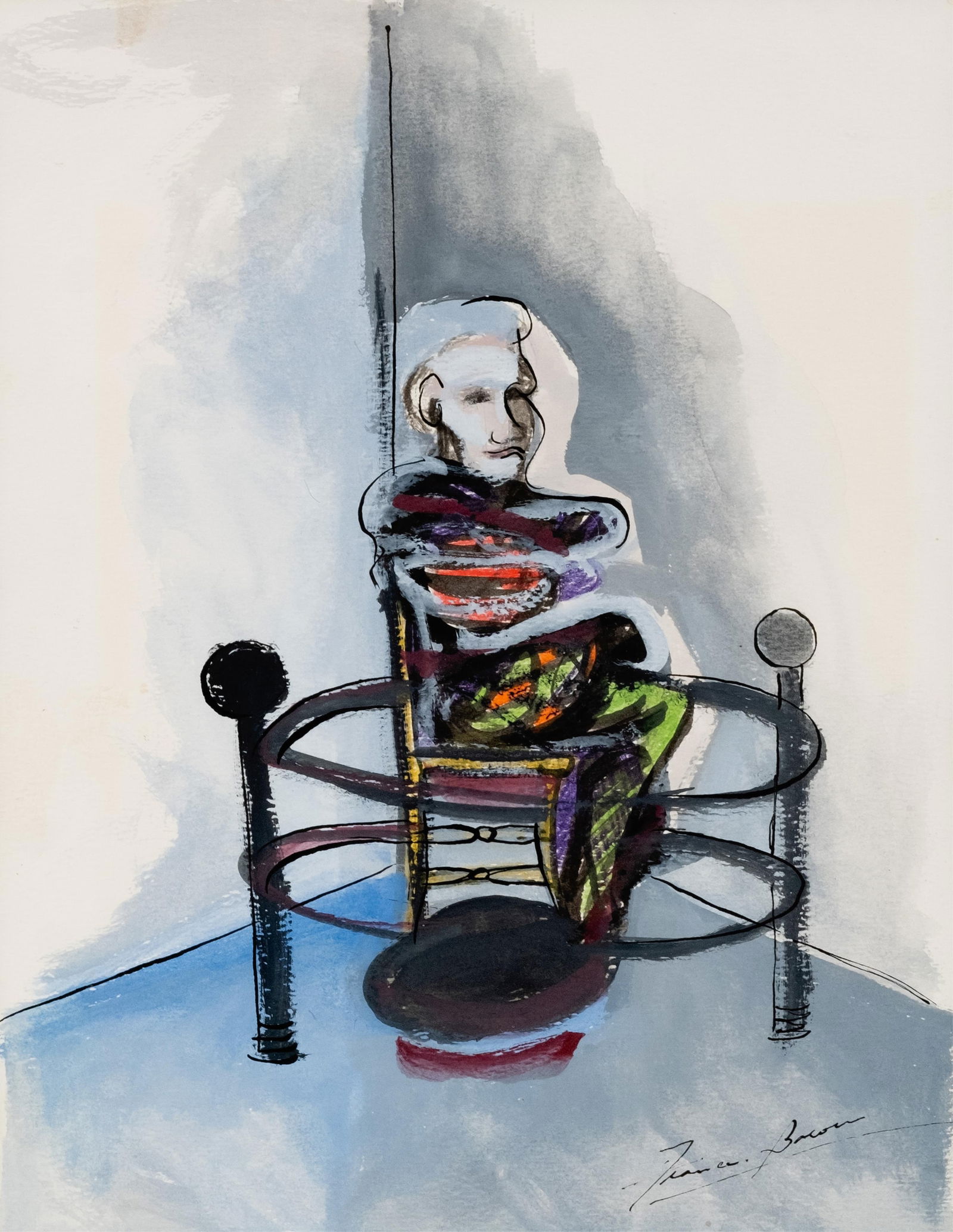 Francis Bacon mixed-media watercolor, ink and gouache painting on paper signed: Keywords: figurative, abstract, expressionist, postwar, modern art, European school, seated figure, mid-century, surreal, psychological portrait NO RESERVE Francis Bacon, Signed and attributed to.