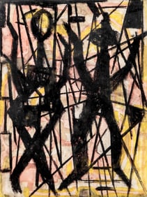 Mystery Artist: “J.L. Mercie? Signed Mid-Century Abstract Gouache Crayon Painting on Paper, 1957