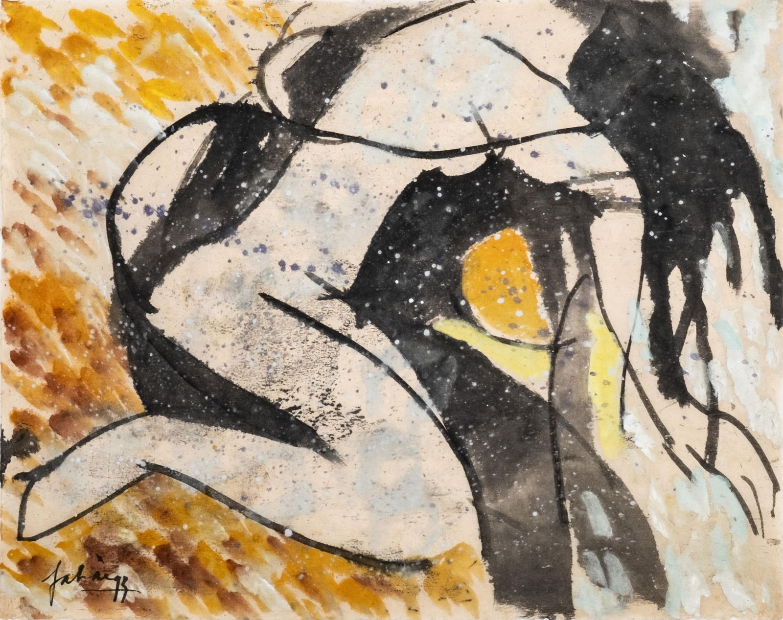 Mystery Artist, India Ink and Gouache Painting on Paper Painting: Keywords: Abstract Art, Mid-Century, Expressionism, Modernist, Fine Art, Post-war avant-garde, Contemporary figurative abstraction, Modernist painting movement, Expressionist nude studies, Jackson