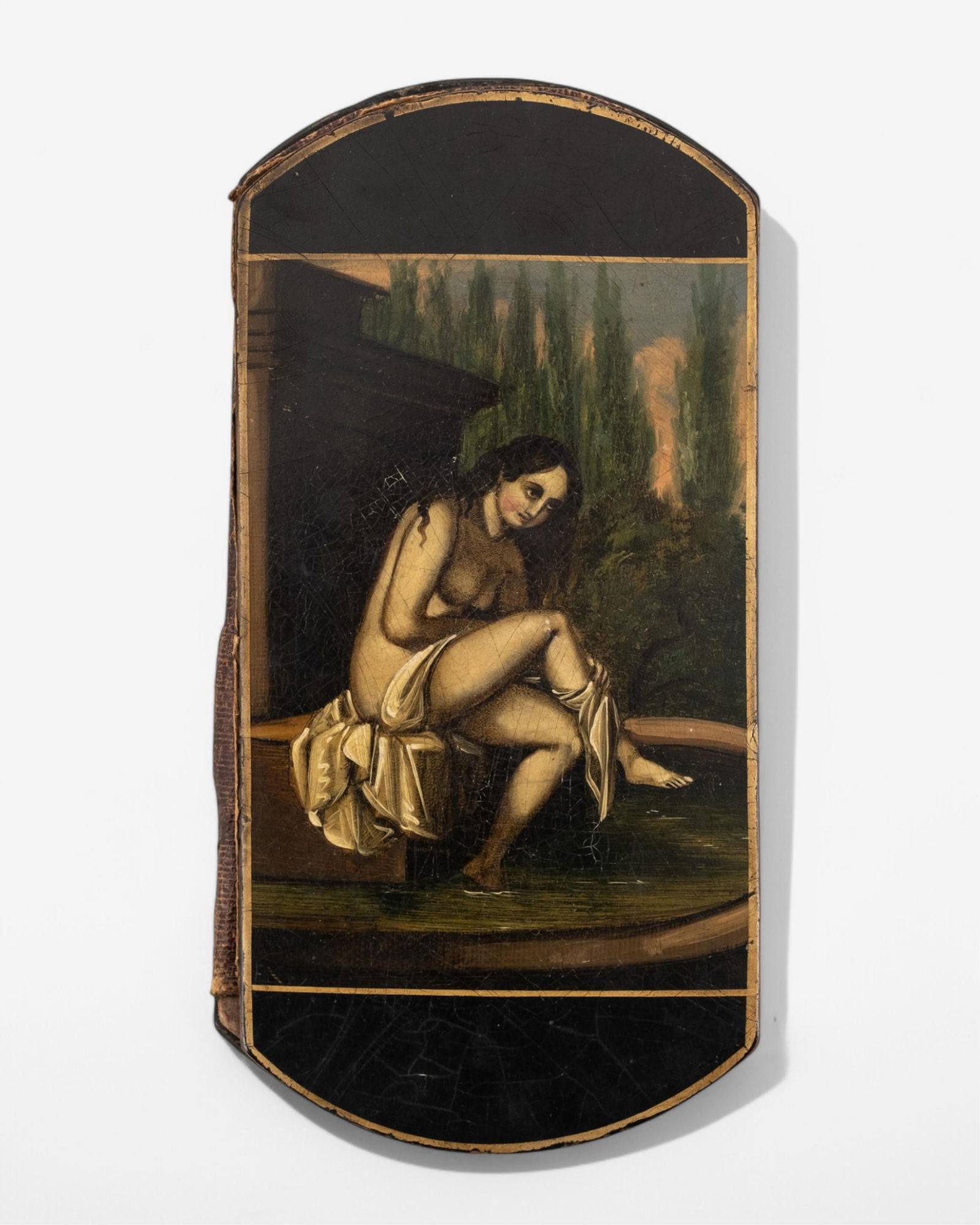 19th Century Papier-Mache Tobacco Case with Woman Bathing Lacquer Handpainting: Keywords: antique, collectible, smoking accessory, Victorian era, hand-painted, decorative arts 19th Century Papier-Mache cigarette Case Woman Bathing Hand-Colored Lacquered and Painting image