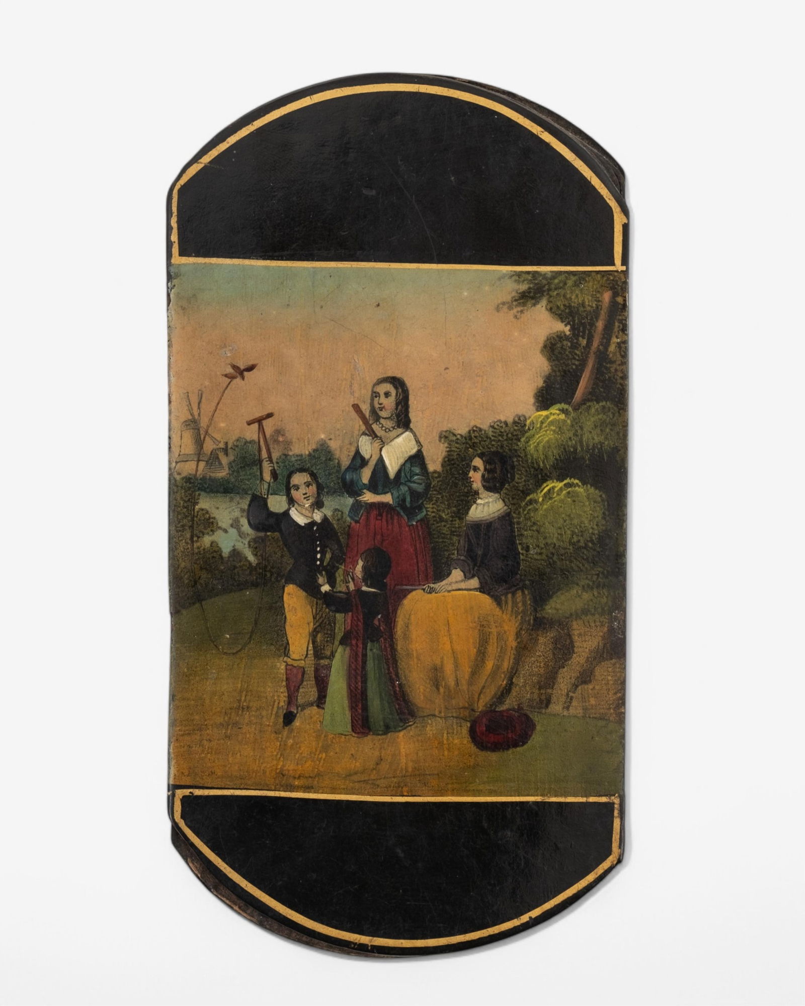 Papier-Mache Eyeglass Case Hand-Colored Painting, 19th Century: Keywords: Romanticism movement, French Academic painting, Neoclassical style, Realism movement, Allegorical tradition, oil on canvas, giltwood frame, 19th century, figural composition, narrative