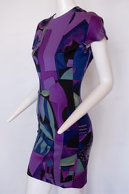 Gianni Versace Crew Neckline Light Weight Wool Dress Lined in Purple Silk Pattern NWT