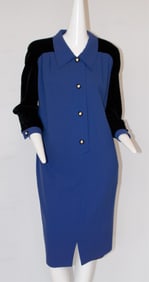 Valentino Miss, V Blue Wool and Black Velvet Midi Dress, EU 46 / US 12