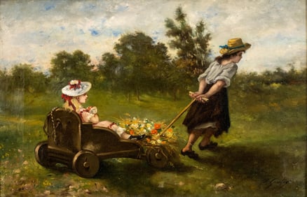 Fanny Gambogi 19th Century Signed Oil on Canvas Painting of Children with Flower Cart