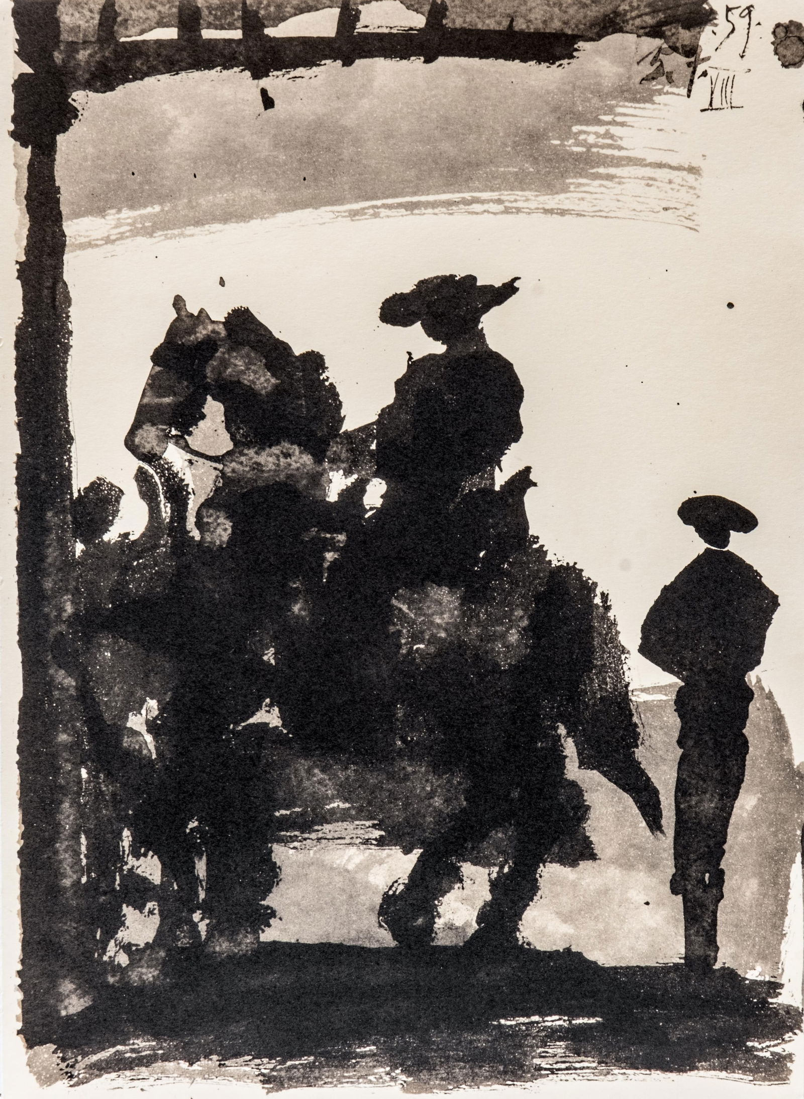 Pablo Picasso (After) Fine Art Lithograph, Picador: Keywords: Figurative Art, Bullfighting Scene, cubism, post-Impressionist influence, ExpressionismNO RESERVE. Picasso, Fine Art Lithograph Dated 5.7.59 in the stone at the top right. Published in 1961
