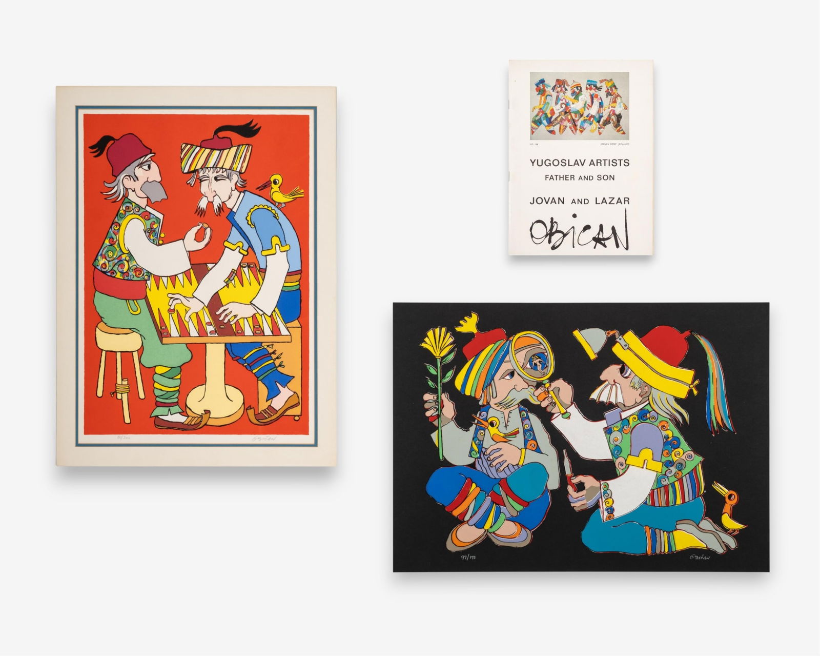 Signed Jovan Obican Yugoslav Folk Art Serigraphs, Set of 2: Keywords: 20th century folk art, Eastern European modernism, Yugoslavian prints, serigraph on paper, outsider art aesthetic, narrative composition, Jovan Obican style, Lazar Obican style, Marc